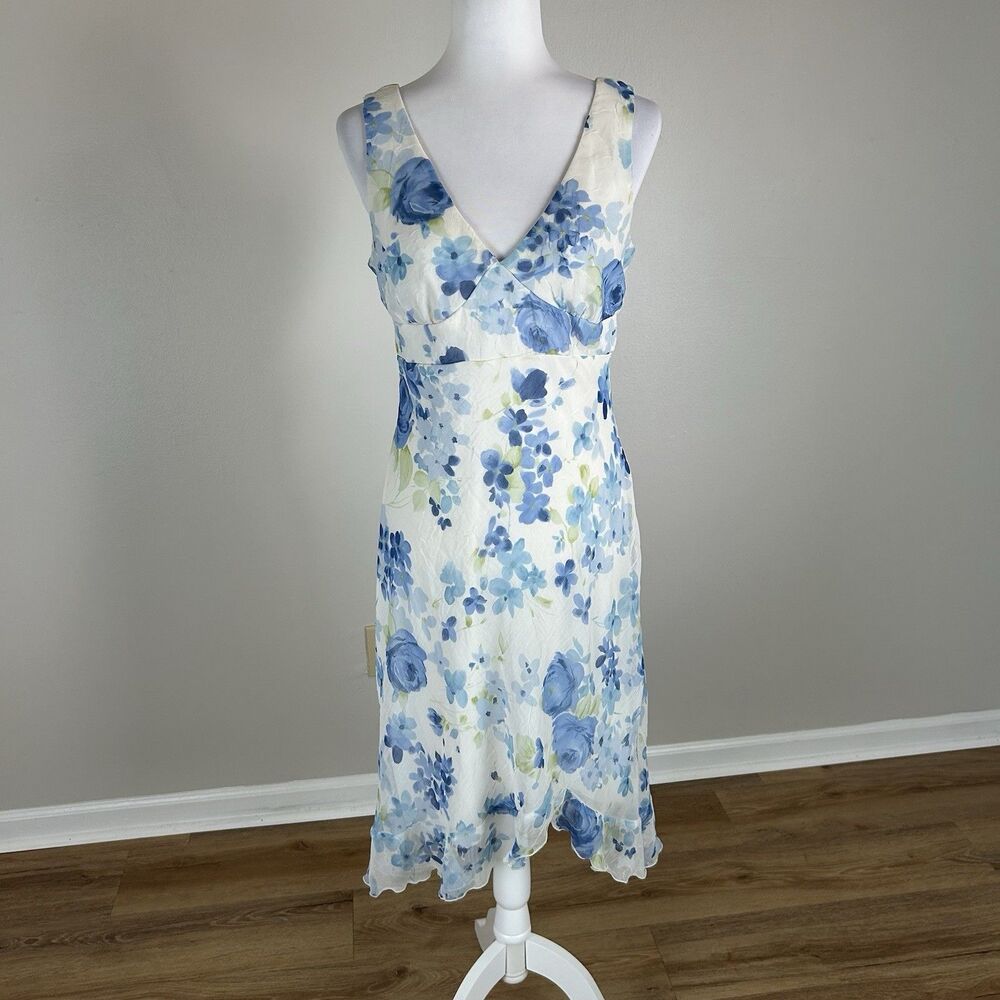 Vtg Y2K Fairycore Floral Dress Sz M Asymmetrical Hanky Hem White 90s Coquette
